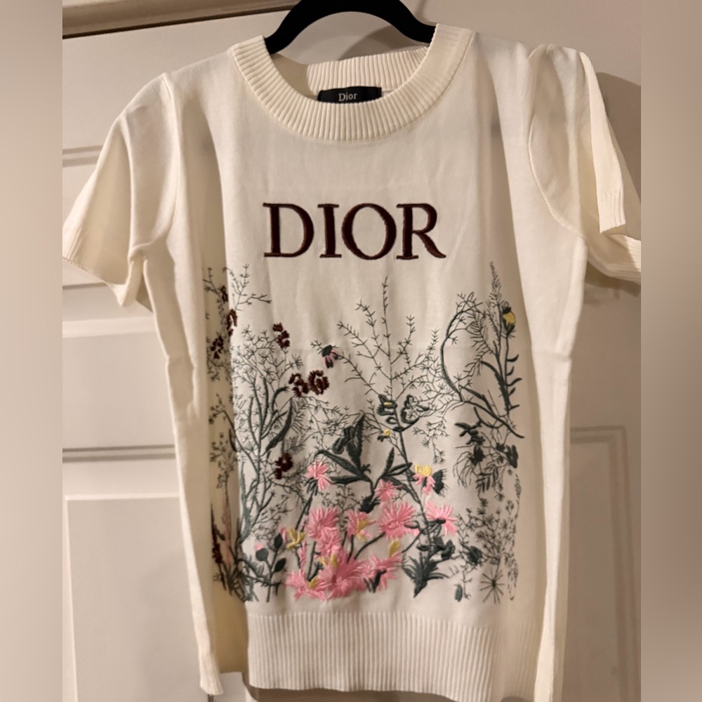 Dior Cream Crewneck Sweater with Pink & Green Floral Embroidery